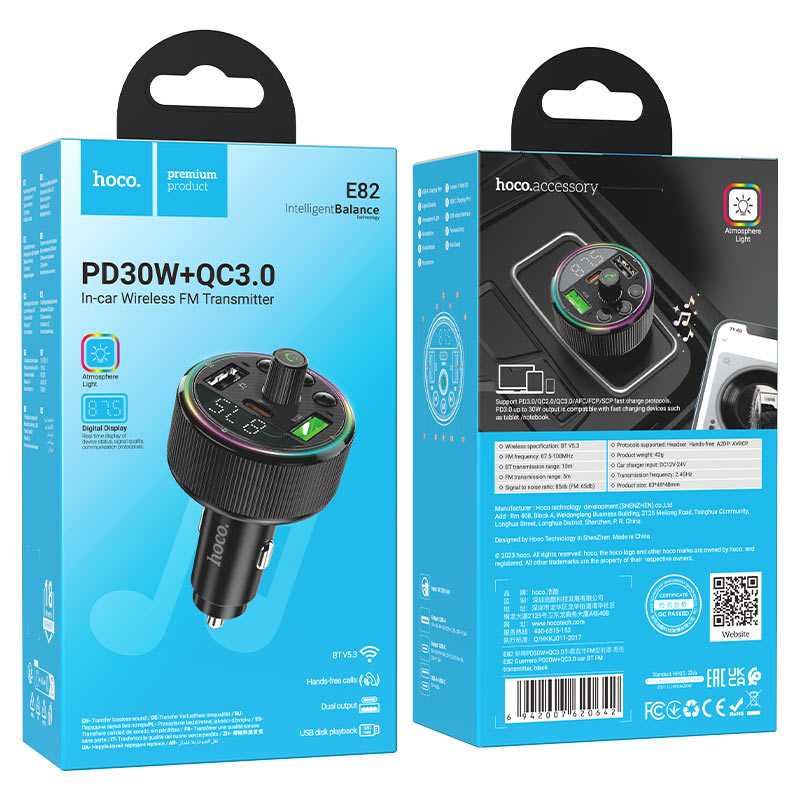 Car charger “E82 Guerrero” PD30W QC3.0 with wireless FM transmitter