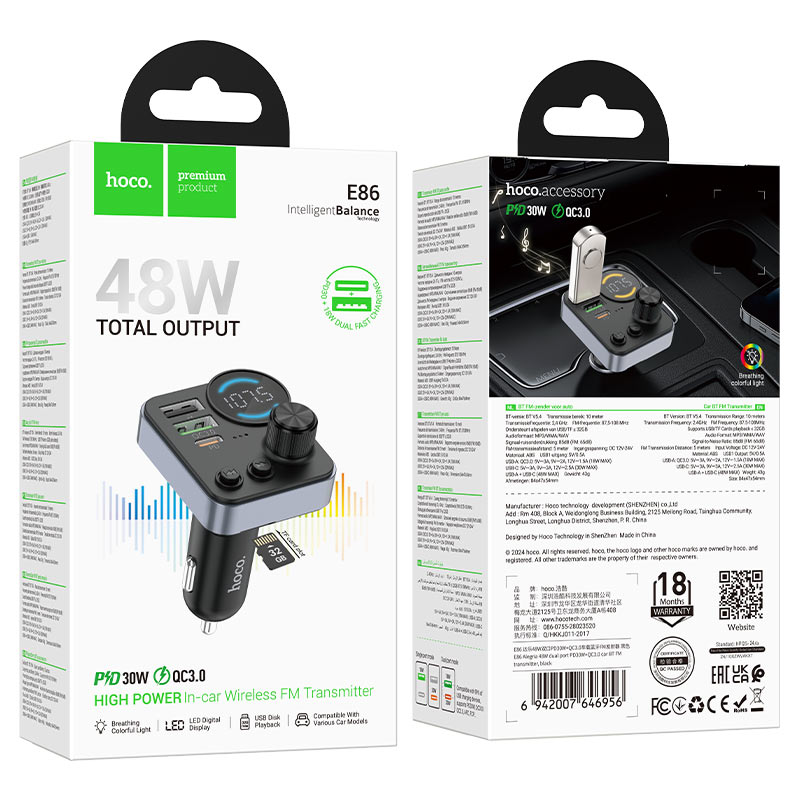 Car charger “E86 Alegria” PD30W QC3.0 with wireless FM transmitter